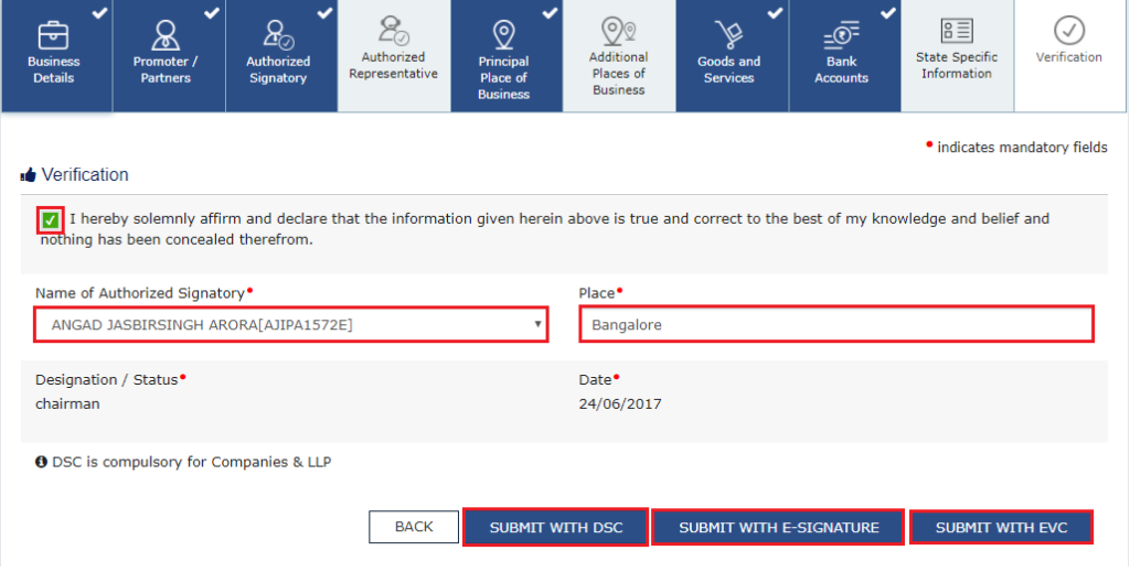 GST Registration Online India Step 9