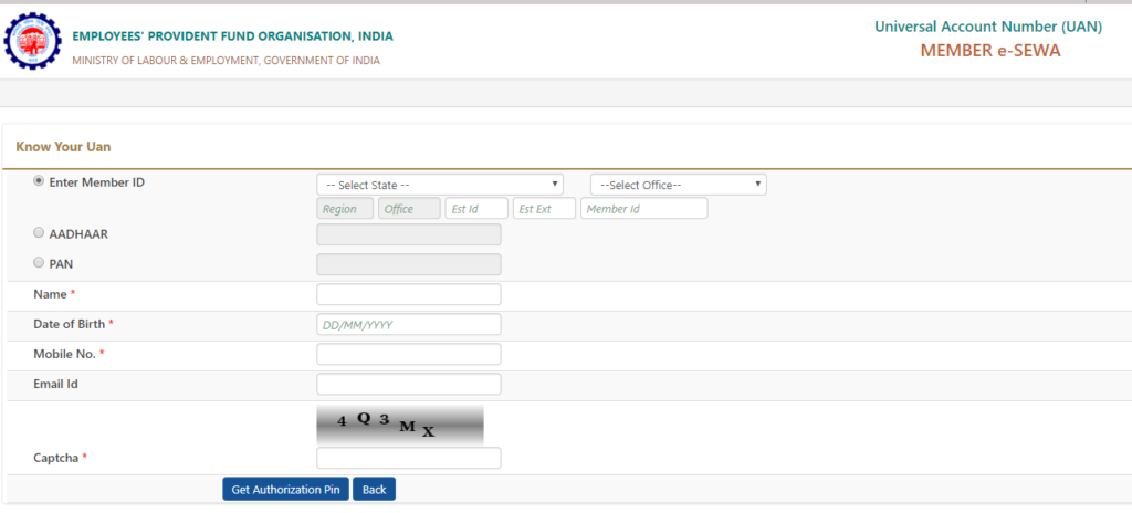 UAN Portal page for generating UAN