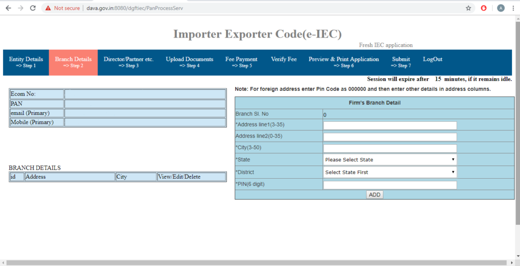 Online IEC Application Form - Branch Details