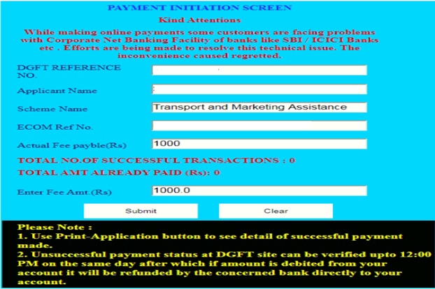 Online payment Fees for Transport and marketing assistance (TMA) Scheme