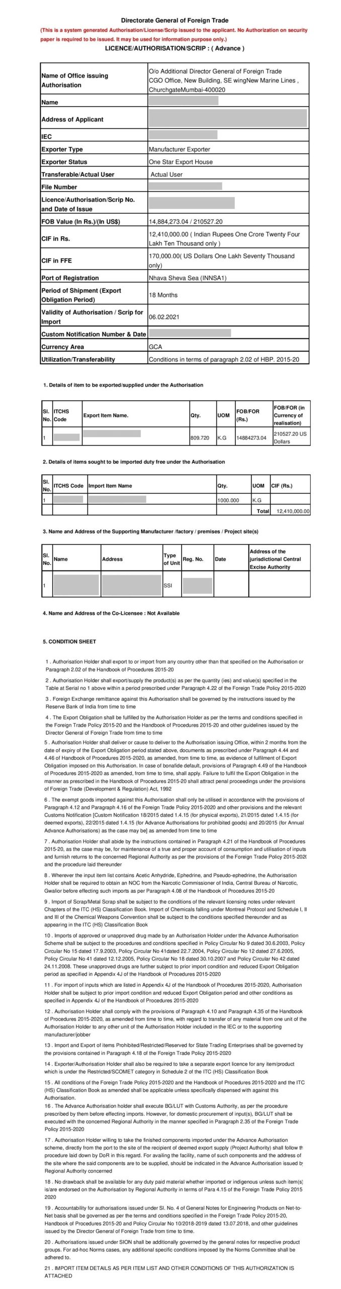 Advance Authorisation Scheme- Lincese Issued by DGFT