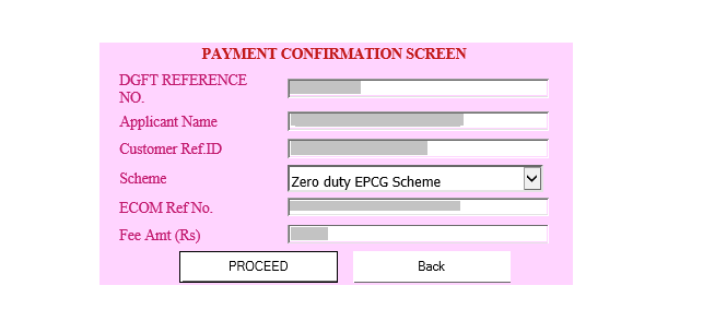 epcg license online application- Payment Confirmation Screen