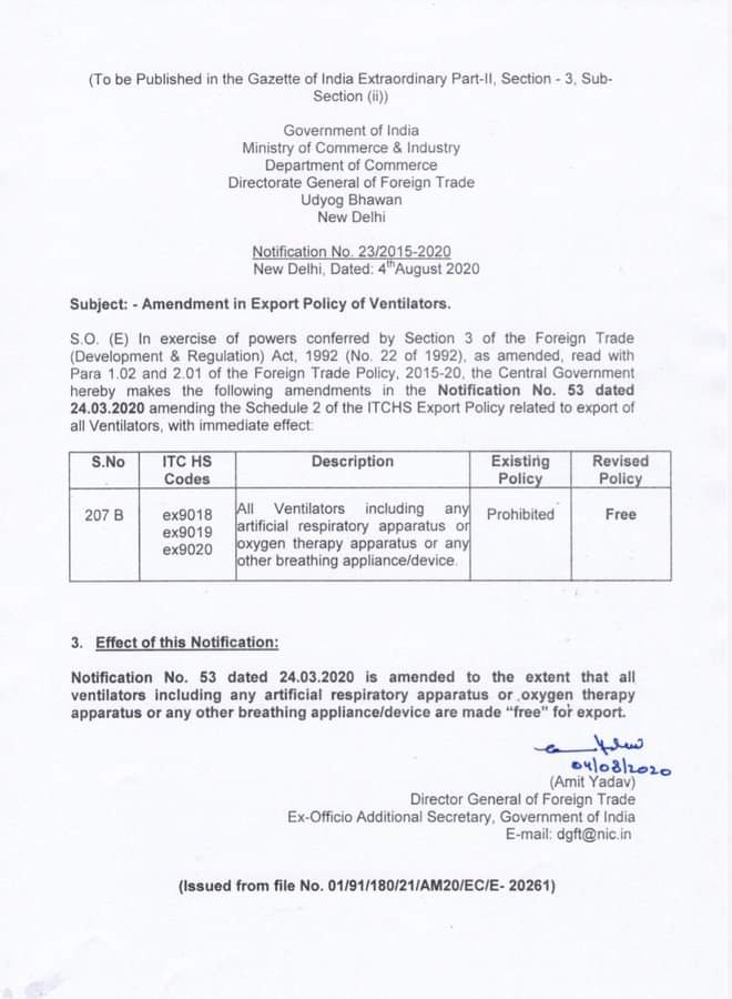 DGFT Notification no. 23/2015-2020 Dated 4th of August 2020.